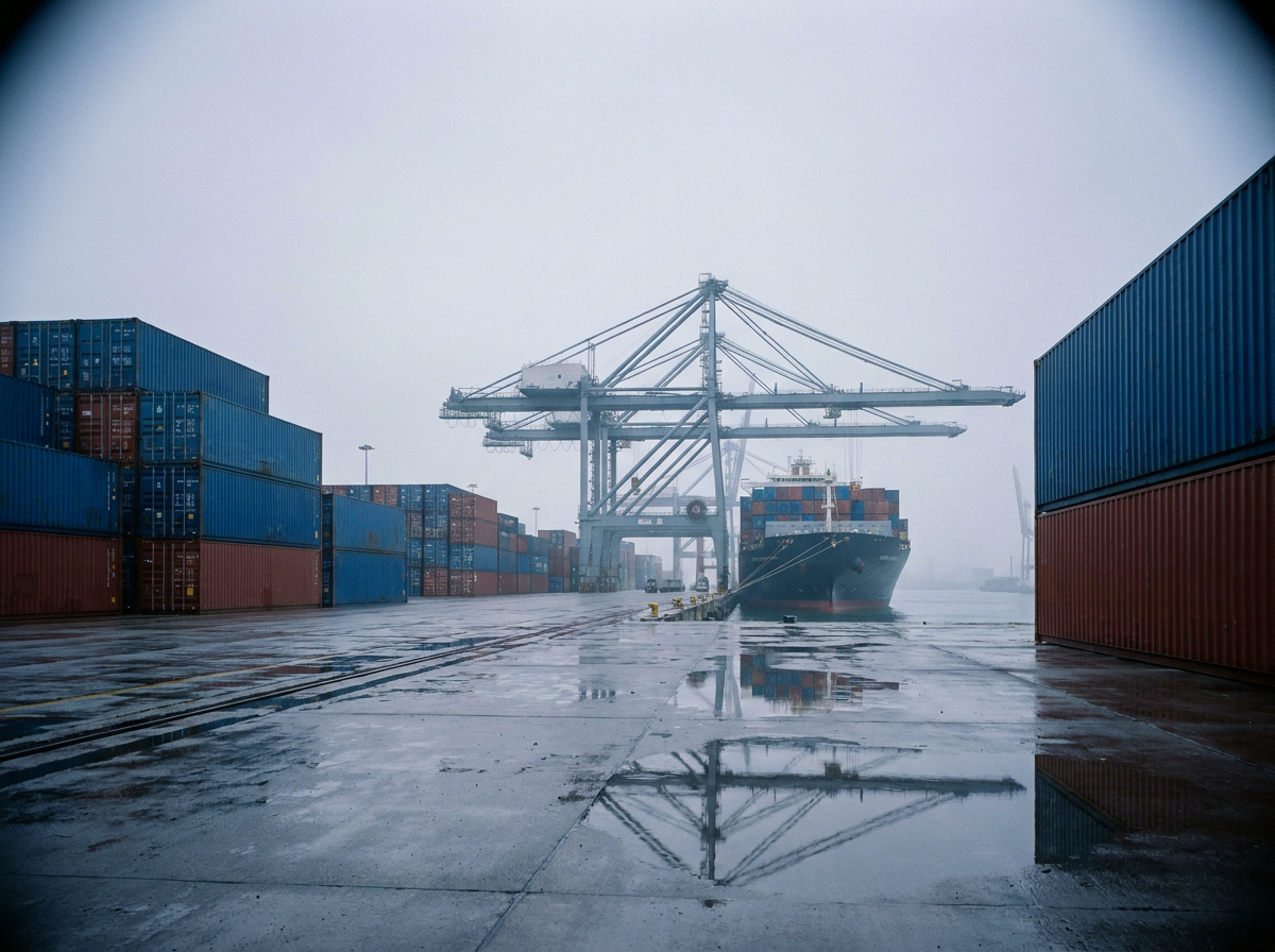 International container seaport at dawn